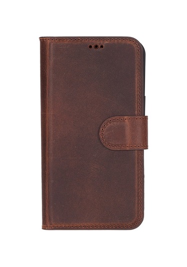 İphone 16e Uyumlu, Hakiki Deri, El Yapımı, Cüzdanlı Kılıf, Antik Kahve Kahverengi