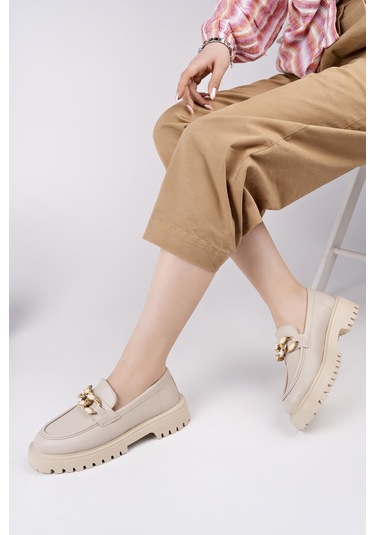 Muggo Crasher Kalın Taban Tokalı Günlük Casual Makosen Kadın Loafer Ayakkabı Ten Cilt