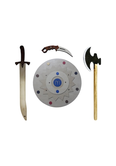 Ahşap 4'lü Set Kayı Kalkanı + Kılıcı + Baltası ve  Bıçağı
