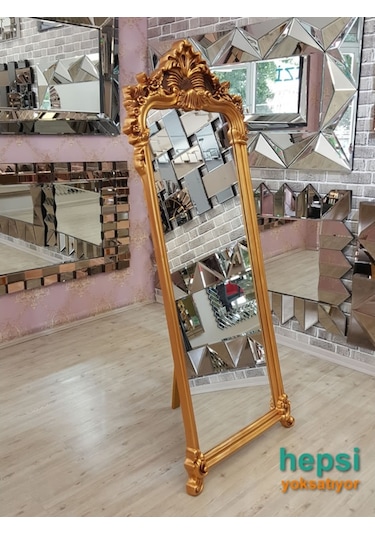 Vintage Madam Model Altın Renk Varaklı Ayaklı Boy Aynası Altın