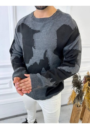 Kazak Çift Kat Örme Natural Pamuk Kazak Yırtık Detaylı Lazer Kesim Salaş Triko Kazak Siyah