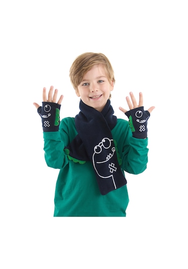Denokids Tırtır Dino Erkek Çocuk Atkı - Eldiven Takım Renkli
