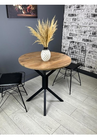 Nisa Ceviz Yuvarlak Mutfak Masası Yemek Masası Balkon Masası Metal Siyah Ayak 70 Cm