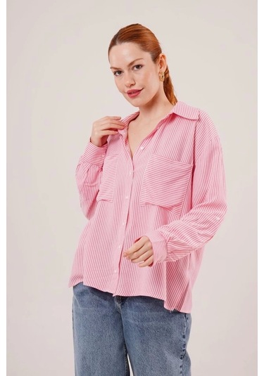 Yarasa Kol Çizgili Cep Detaylı Pembe Gömlek Pembe