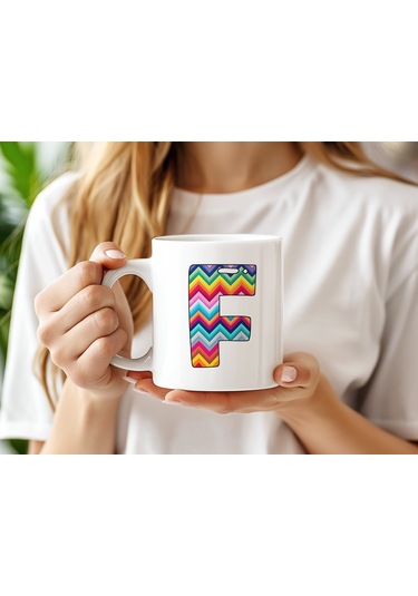 F Harfi Renkli Zigzag Desenli Kupa Bardak - Afrika Tarz Etnik Tasarım Kupa - Kişiye Özel Beyaz