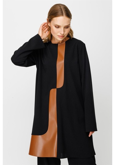 Deri Detaylı Pantolon Tunik Takım Siyah-siyah Siyah