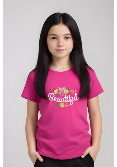 Beautiful Baskılı Kız Çocuk Tişört Ve Eşofman Alt-üst Takım Fuşya