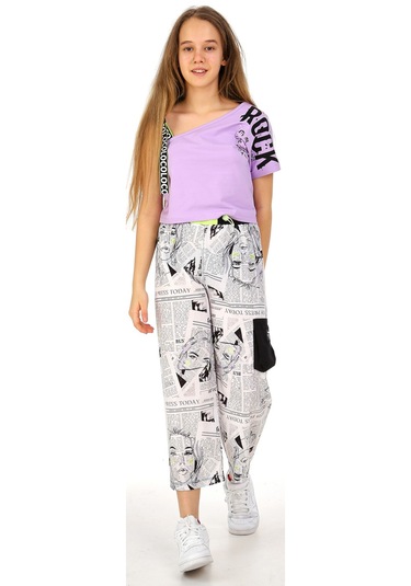 Kız Çocuk Rock Yazılı Tek Omuz Model Gazete Desenli Kaprili Takım Lila
