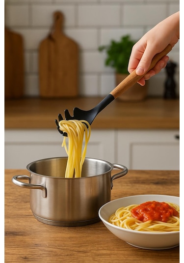 Bambu Saplı Silikon Spagetti Makarna Servis Kaşığı Siyah Siyah