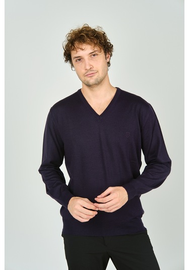 Woolen World Erkek V Yaka Uzun Kollu Yün Kazak 3022 Mürdüm Mürdüm