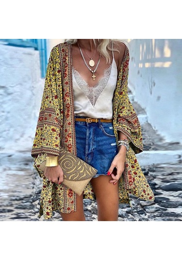 Kadın Günlük Önü Açık Hırka Tatil Plaj Bikini Cover Up Yaz Kimono Sarı