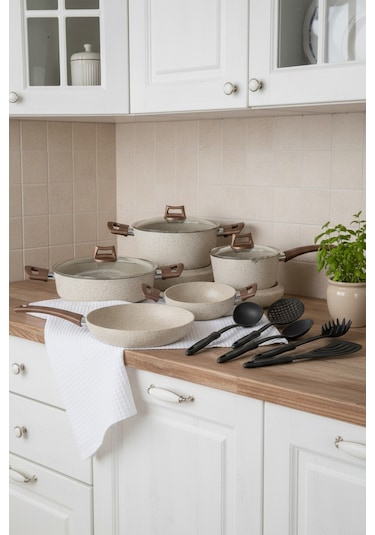 Bernardo Marcel 13 Parça Granit Tencere Seti Krem Krem