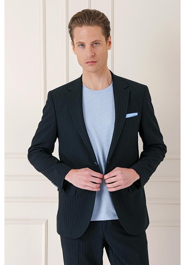 Comfort Fit Çizgili Esnek Pamuk Casual Siyah Ceket C 673 Siyah