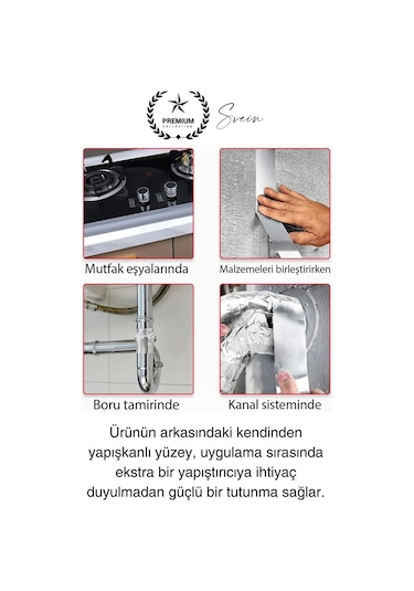 20 Mt Parlak Metalik Gri Tezgah Lavabo Kenar Bandı Sızdırmaz Isıya Dayanıklı Bant Su İzolasyon 1 Ad.