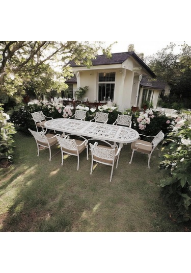 Helen 8 Kişilik Oval Döküm Bahçe Masa Takımı Rehome Beyaz