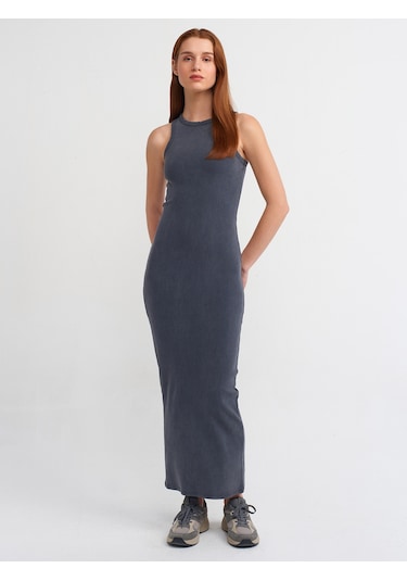 Dilvin Yıkama Efektli Midi Elbise Antrasit