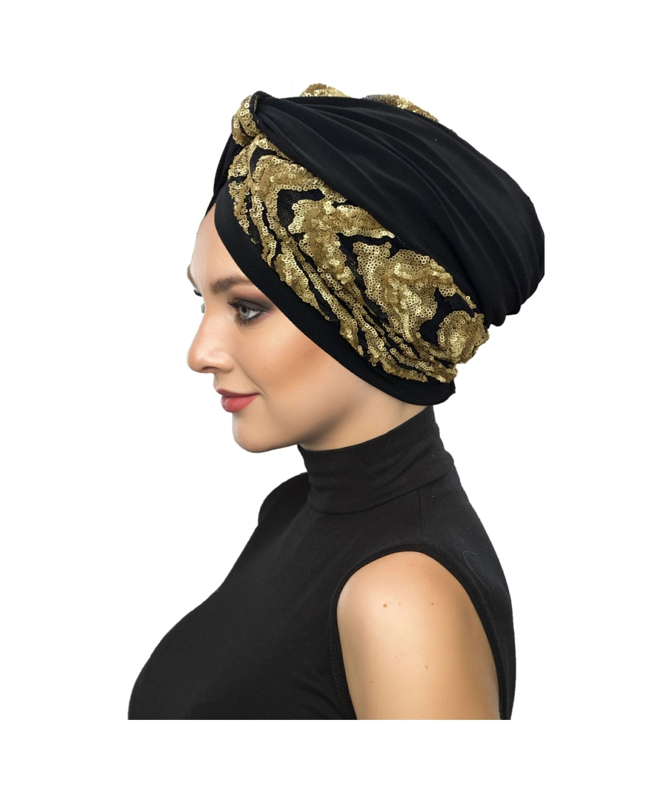 Özel Tasarım Siyah Üzeri Altın Dalgalı Payetli Astarlı Hazır Türban Tesettür Abiye Bone Siyah4