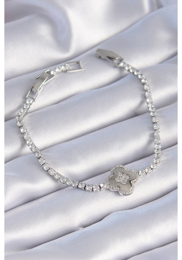 Pirinç Gümüş Renk Zirkon Taşlı Yonca Model Kadın Bileklik - Tj-bb6398 Altın