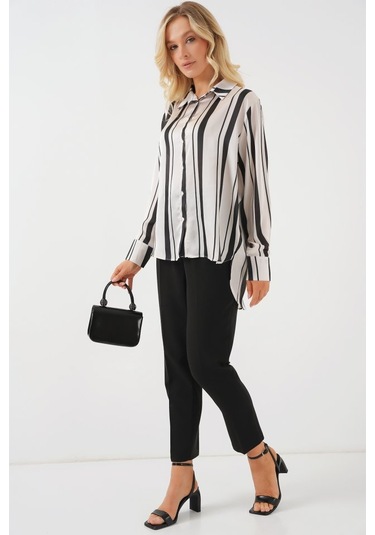 Gülsüm Aydın Çizgili Uzun Saten Gömlek 20291 - Siyah Siyah