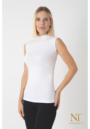Nt Underwear Kadın Bambu Balıkçı Yaka Sıfır Kol Body Hafif, Rahat Ve Şık Beyaz