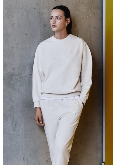 Tommy Life Bej Basic Pamuklu O Yaka Oversize Lastik Paça Kadın Eşofman Takım - 95287 Bej