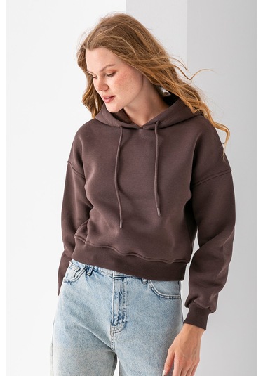 Kadın Kapüşonlu 3ip Şardonlu Crop Sweatshirt Kahverengi - 2612 Kahverengi