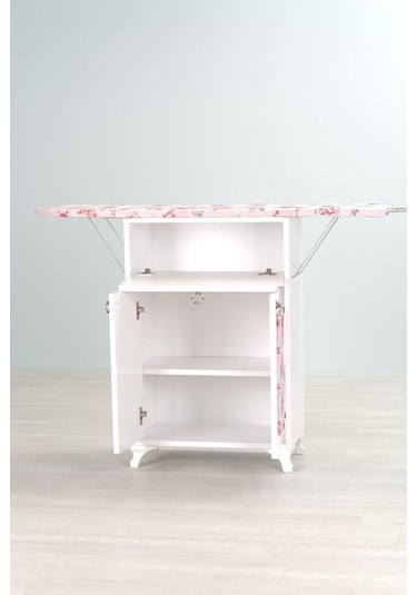 Mistik Home Rose Katlanır Dolaplı Ütü Masası Beyaz Gövde, Pembe Çiçek Desenli Beyaz/pembe