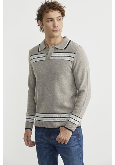 Polo Yaka Kilim Motifli Triko Kazak - Vizon Vizon