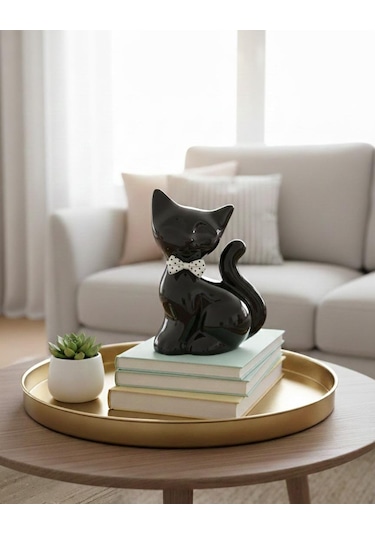 Papyonlu Kedi Dekoratif Biblo Heykel Hediyelik Obje Süs Aksesuar Siyah