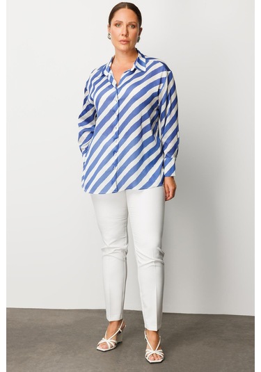 Moda İlgi Kadın Büyük Beden Verevli Klasik Saten Gömlek 0002 Saks Saks