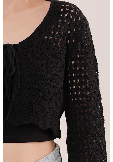 Ön Bağlamalı Ajurlu Crop Siyah Hırka Çok Renkli