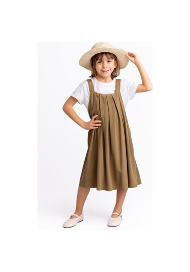 Askıları Nakışlı Keten Kız Çocuk Elbise Caramel Caramel Kahverengi