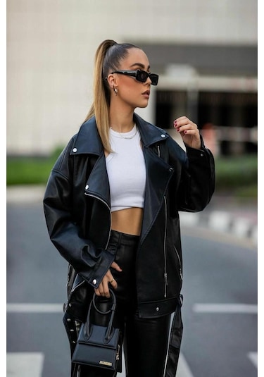 Prifaldi Yeni Sezon Oversize Uzun Kadın Siyah Deri Ceket Siyah