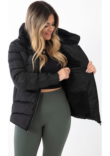 Kadın Siyah Kapüşonlu Içi Polarlı Kürklü Su Geçirmez Rüzgara Dayanıklı Şişme Mont Kaban Parka Siyah