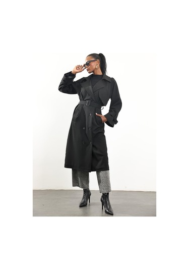 Siyah Kuşaklı Kruvaze Palto Siyah