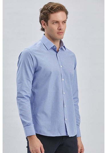 Mavi Uzun Kollu Bez Ayağı Sert Yaka Cepsiz Pamuklu Klasik Slim Fit Dar Kesim Gömlek 1004240230 Mavi