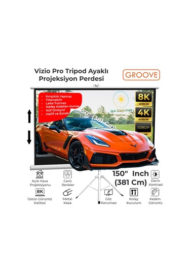 Groove Vizio Pro 150 Inch 332x188cm Blackout Işık Geçirmez Tripod Ayaklı Projeksiyon Perdesi