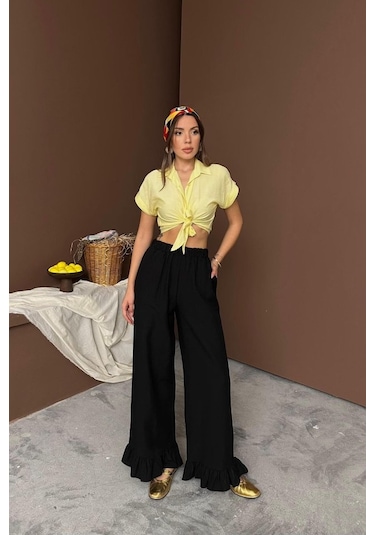 Sensuelle Siyah Paçası Fırfırlı Keten Pantolon Siyah