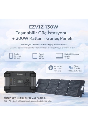 Ezviz 1300w Taşınabilir Güç İstasyonu + 200w Katlanır Güneş Paneli