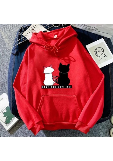 Kırmızı 2024 Erkek Ve Kadın Sonbahar Ve Kış Çiftler Modası Artı Kadife Kapşonlu Bol Üst Kırmızı