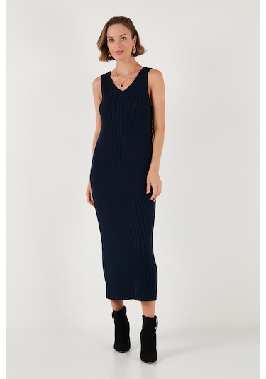 Lela V Yaka Fitilli Uzun Triko Bayan Elbise 4616169 Lacivert