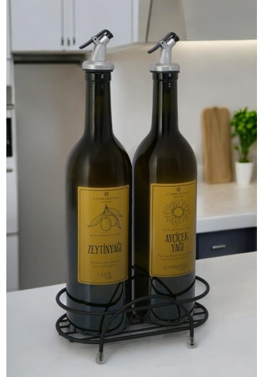 Digithome Petra 2'li Siyah Metal Standlı Yağdanlık Seti Gold Etiketli Amber Yağlık 750 Ml Siyah