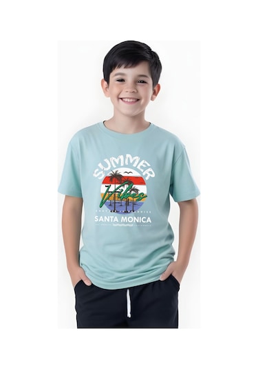 Summer Baskılı Erkek Çocuk Yuvarlak Yaka Kısa Kollu T-shirt Mint Yeşili