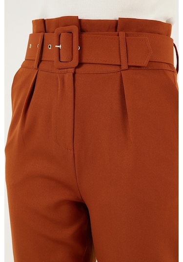 Lela Yüksek Bel Cepli Kemerli Regular Fit Kumaş Bayan Pantolon 611Pl04 Kiremit