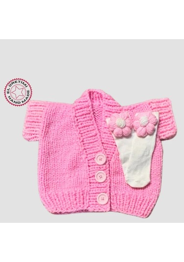 Uretti - Gülnur 2184 - El Örgüsü Çiçek Motifi Çoraplı Kız Çocuk Hırka 1 Yaş - Pembe Pembe