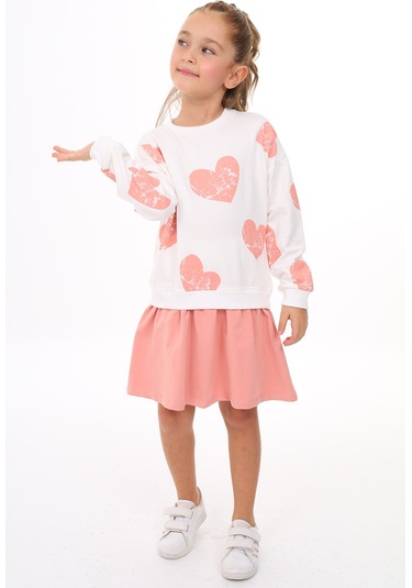 Toontoy Kız Çocuk Baskılı Elbise Koyu Pudra