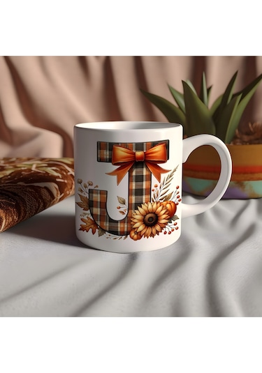 J Harfi Ekose Ve Sonbahar Temalı Kupa Bardak - Kişiye Özel Sıcak Tonlar Alfabe Kupa - Hediye Beyaz