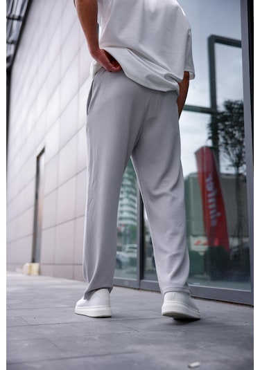 Erkek Gri Renk Burgu Desen Örme Kumaş Baggy Pantolon-1755 Gri