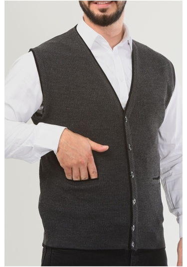 Kamalı Gri Erkek V Yaka Triko Düğmeli Cepli Çizgi Desenli Regular Fit Tüylenmeyen Örgü Yelek Gri