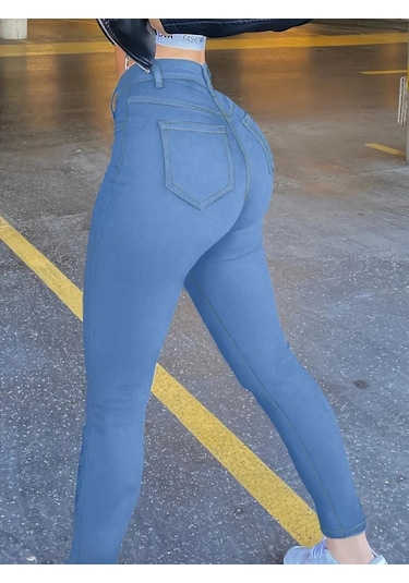 Reka Moda Kadın Yüksek Bel Önden Düğmeli Dar Kesim Kot Pantolon Mavi